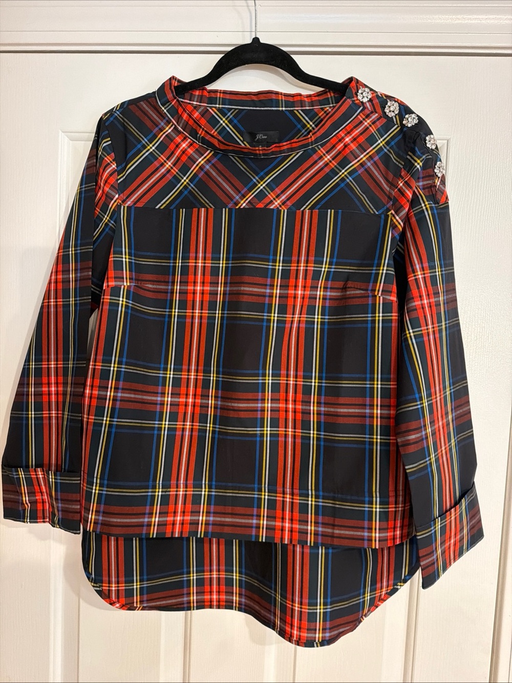 NWT J Crew Stewart Plaid rhinestone button detail Size 8 Great for holiday party